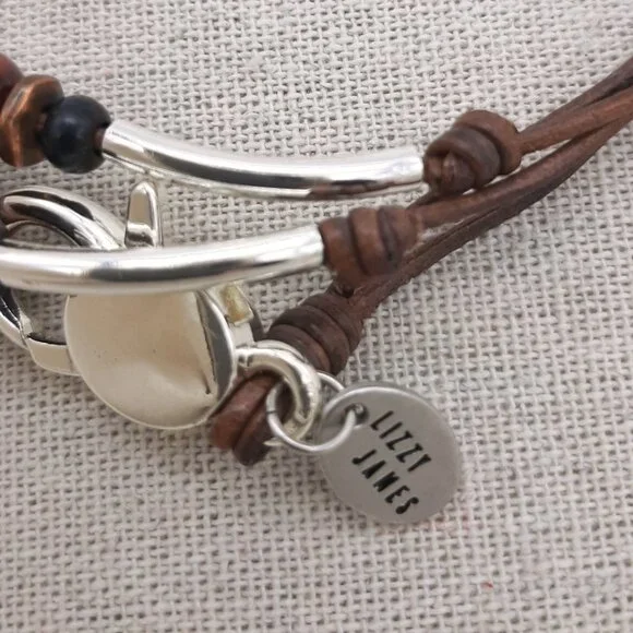 Lizzy James Brown Leather Silver Cat's Eye Gemstone Rhinestone Wrap Bracelet - Picture 4 of 5